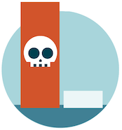A drawing of a chart, with a skull superimposed over a one red column, with a smaller light blue column next to it.