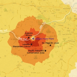 Yellow and red show where coal pollution is in Labadie