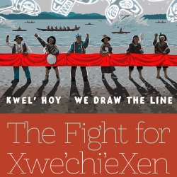 Members of the Lummi Nation stand in a row protesting - The title of the report "The Fight for Xwe’chi’eXen" is below them over a red background. 